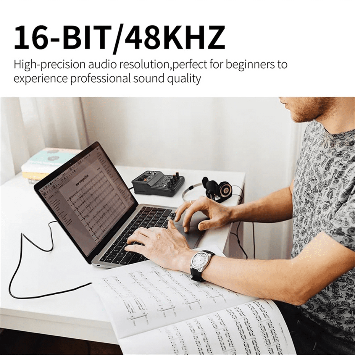 Professional Audio Mixer Sound Card with Monitor Electric Guitar Live Broadcast Recording for Studio Singing Computer PC,1 x Audio Mixer Sound Card 1 x USB Cable 1 x English instruction manual,Black