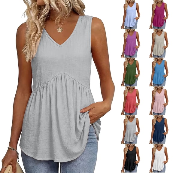 Womens Summer Tank Tops Sleeveless Babydoll Top Loose Fit Tunic Blouses Crew Neck Flowy Shirts Gray L