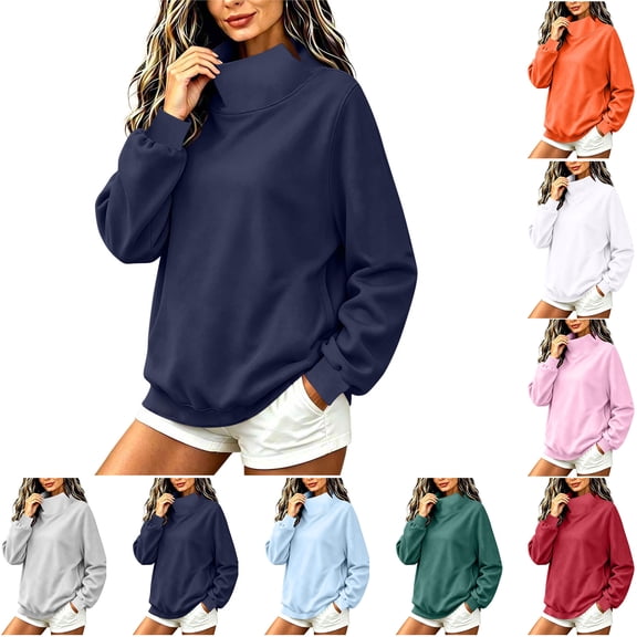 Womens Sweatshirts with Pocket Zaewscy Women's Solid Color Stand Collar Long Sleeve Sweatshirt With Side Slit Hem And Kangaroo Pocket Casual Pullover Top Navy XL