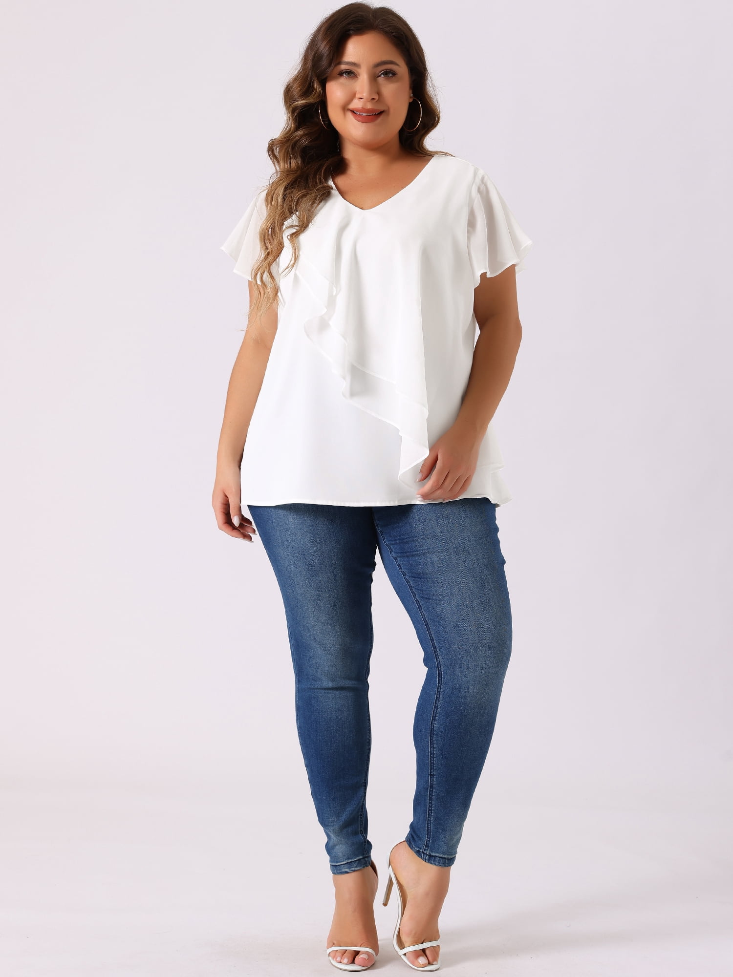 DARING DIVA Women's Plus V Neck Flutter Sleeve Layered Ruffle Top 3X White