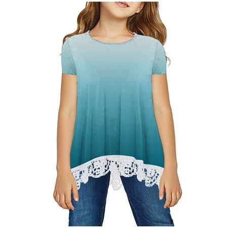

LNWUY Girls Lace T Shirts Casual Tunic Tops Crewneck Short Sleeve T-Shirt Summer Loose Blouse for Girls 2-13 Years Blue 11 Years