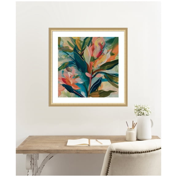 Kate and Laurel Framed Wall Art Print 'Colorful Tropic Botanical Abstract Neutral Linen' by The Creative Bunch Studio, 26 x 26, Florence Gold Frame, Bohemian Boho, Abstract, Flowers Art for Wall Decor