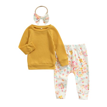

Pudcoco Girls Set Solid Color Long Sleeve O-neck Tops Floral Pant Headband