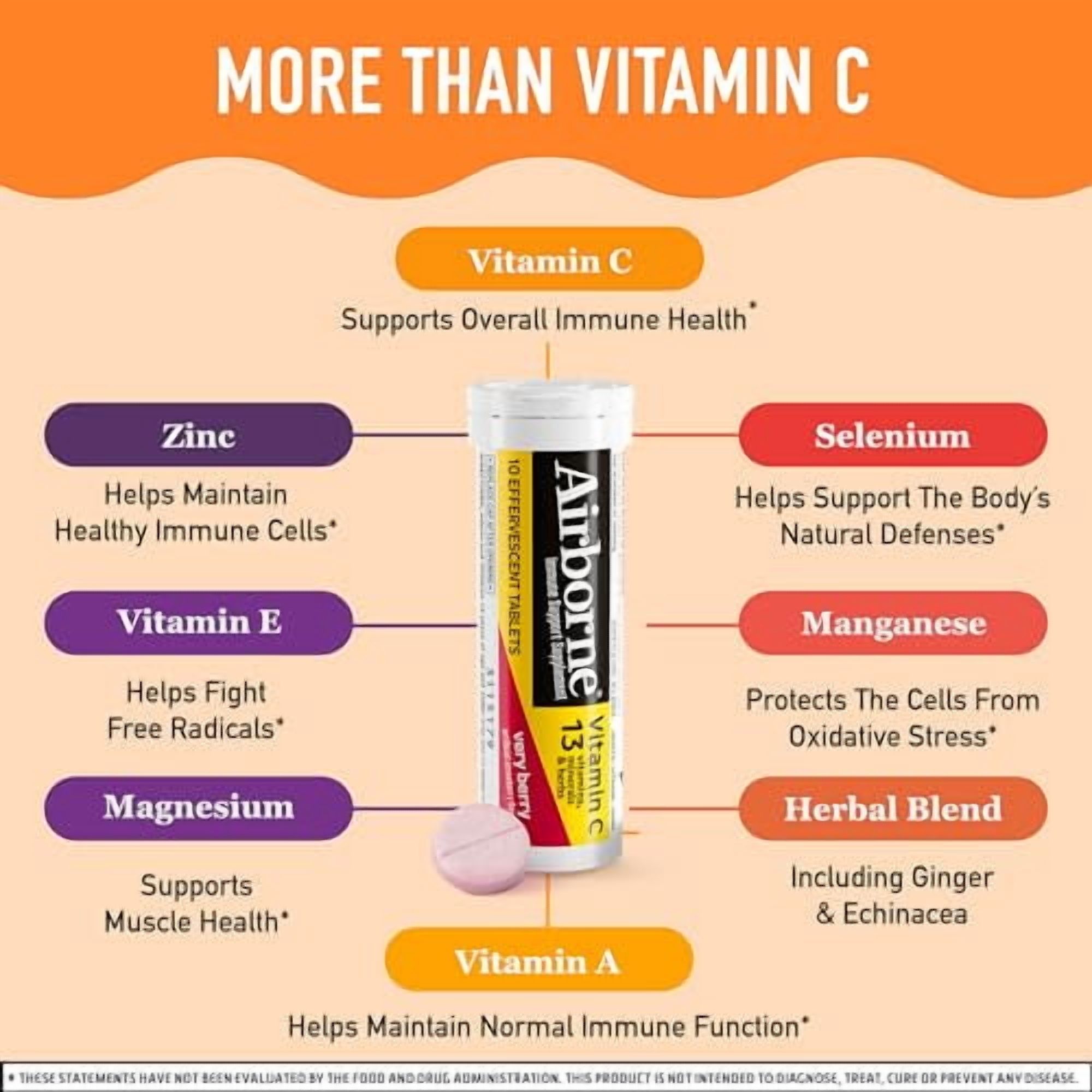 Airborne 1000mg Vitamin C with Zinc, SUGAR FREE Effervescent Tablets, Immune Support Supplement with Powerful Antioxidants Vitamins A C & E - 30 Fizzy Drink Tablets, Very Berry Flavor