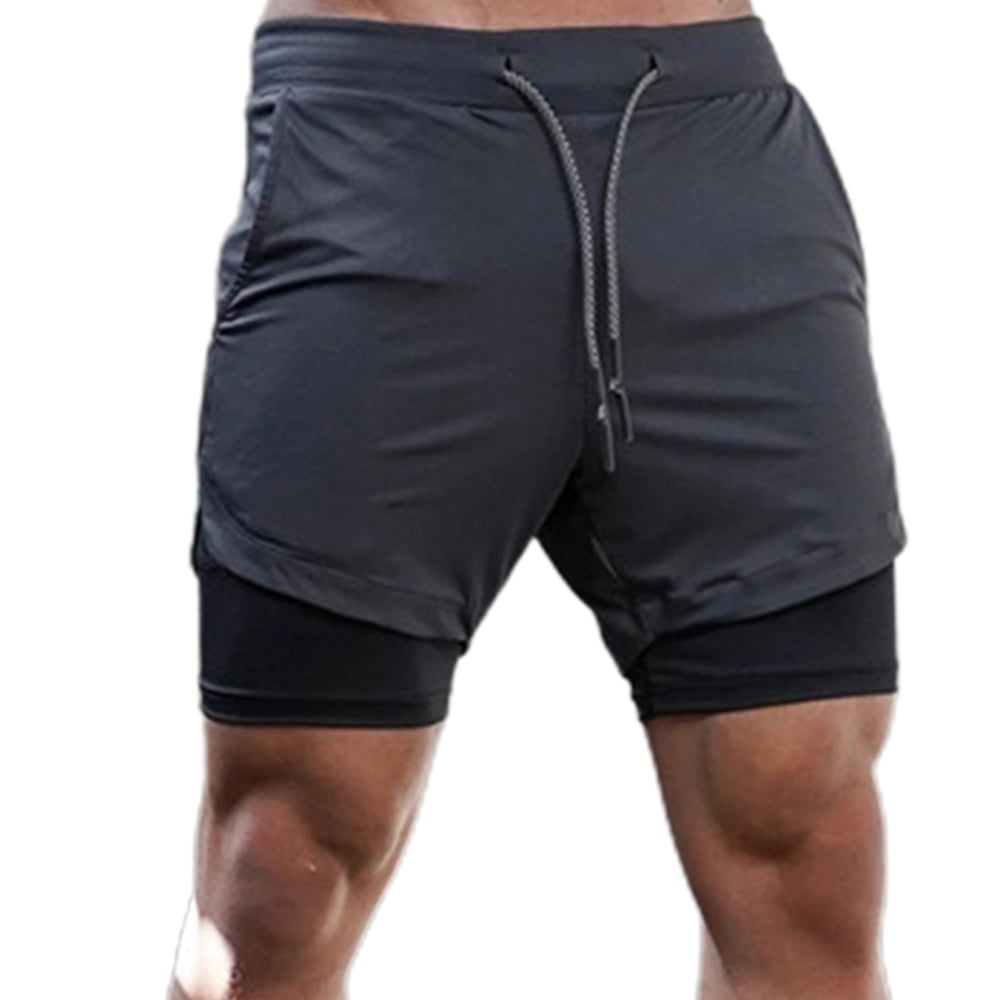 Mens Quick Drying Pants Outdoor Running Fitness Pants Double Layer Sports Short 