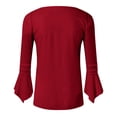 thumbnail image 4 of Gibobby Blusas Para Mujeres Camiseta con botones de color sólido plisado prensado con cuello en V y manga acampanada de siete minutos de primavera y verano para mujer（Rojo， S), 4 of 5