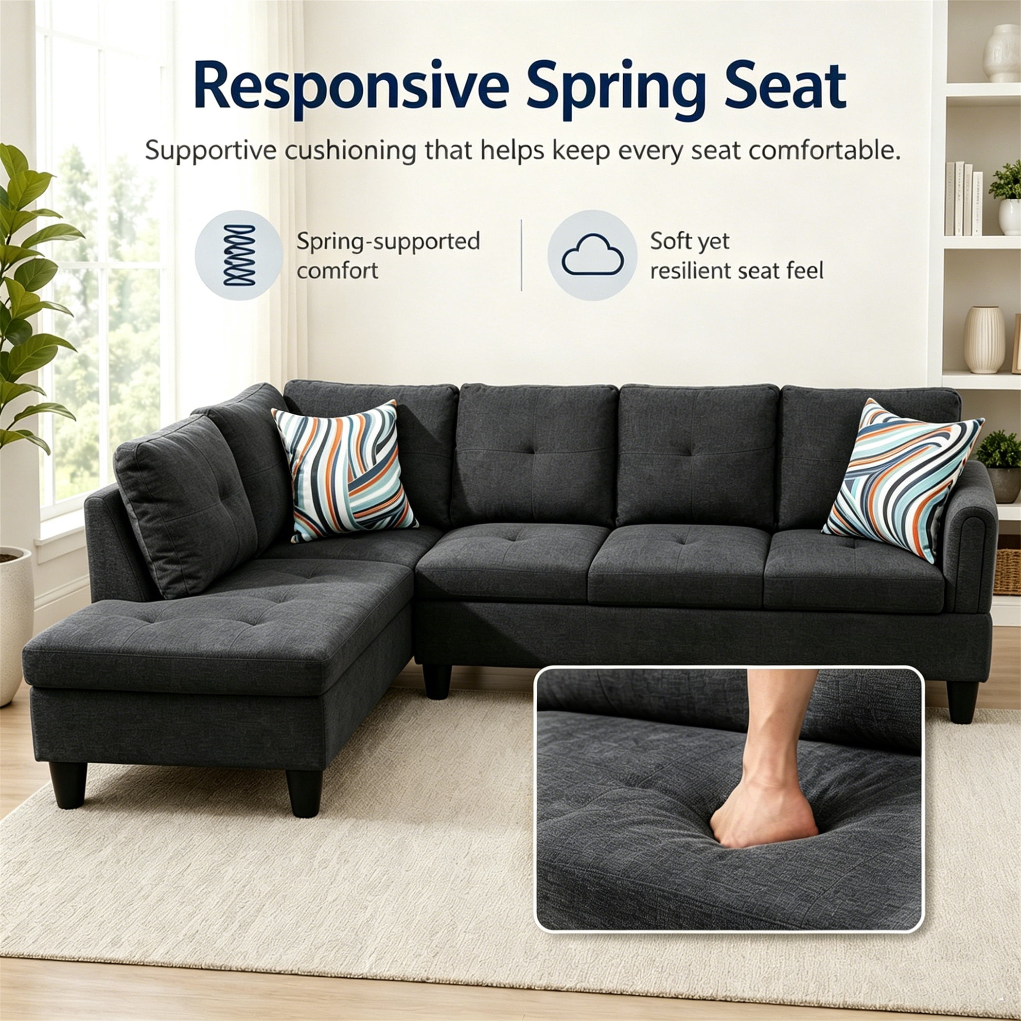 Aukfa 97" Classic Sectional Sofa 4 Seat L shape Couch with Oversized Left Chaise for Living Room, 2Pillows, Linen, Black Gray