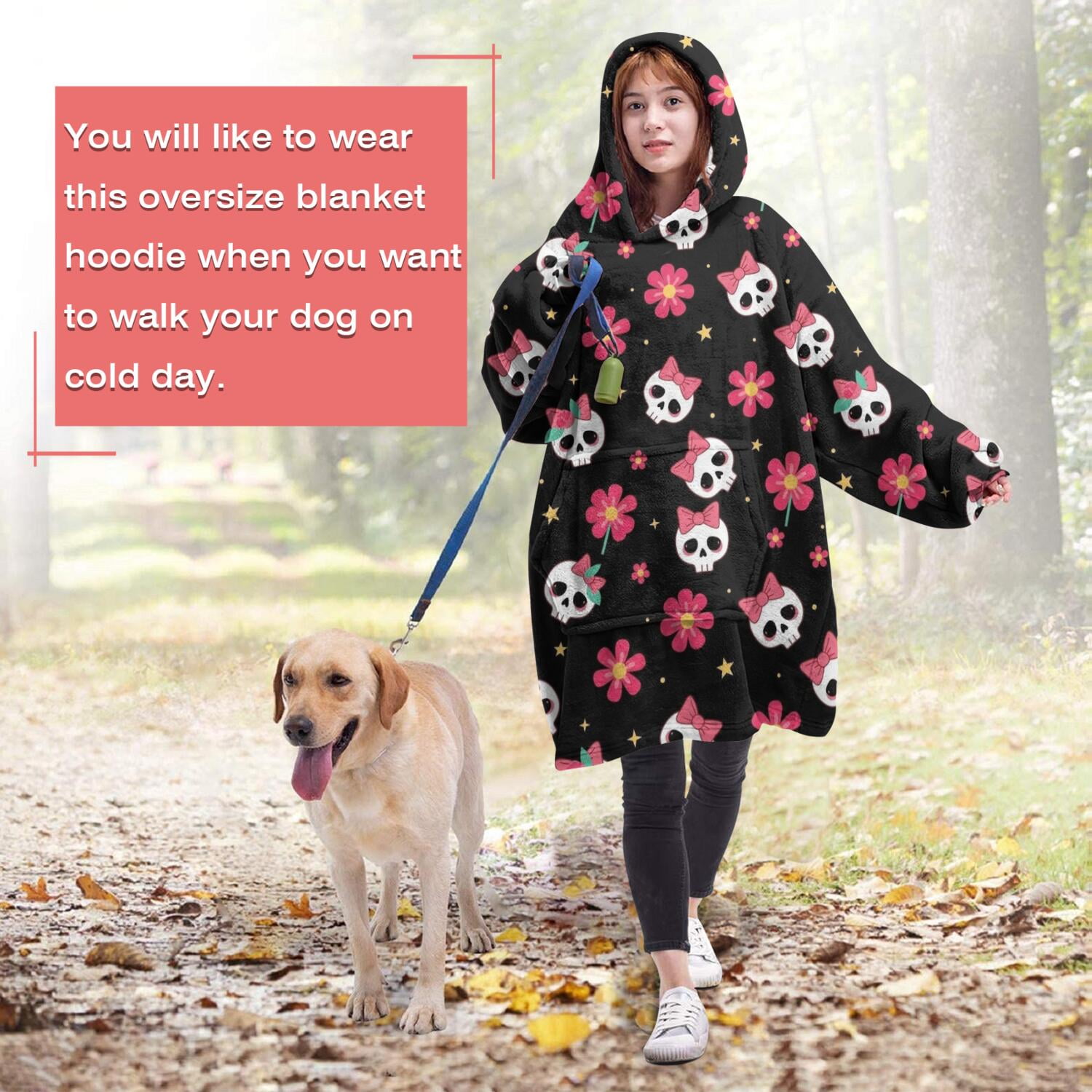 Wearable Oversized Blanket,Black Skull Flower Bow Pattern Wearable Blanket Hoodie for Adults,Cozy Hooded Blankets with Super Pockets,Super Warm Fuzzy Pullover for Women & Men