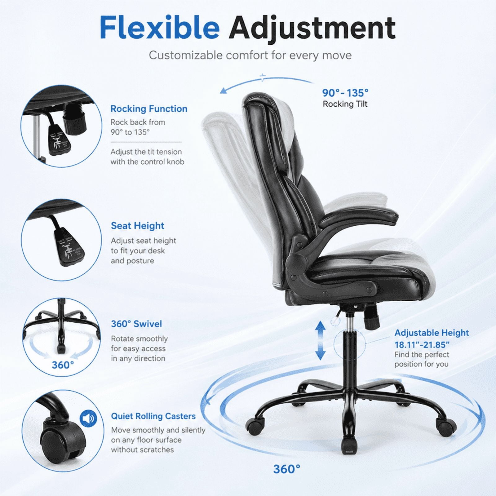 Ergonomic PU Leather Executive Office Chair, Adjustable Height Desk Chair with Lumbar Support, Wide Seat, 360° Swivel and Quiet Wheels, Black