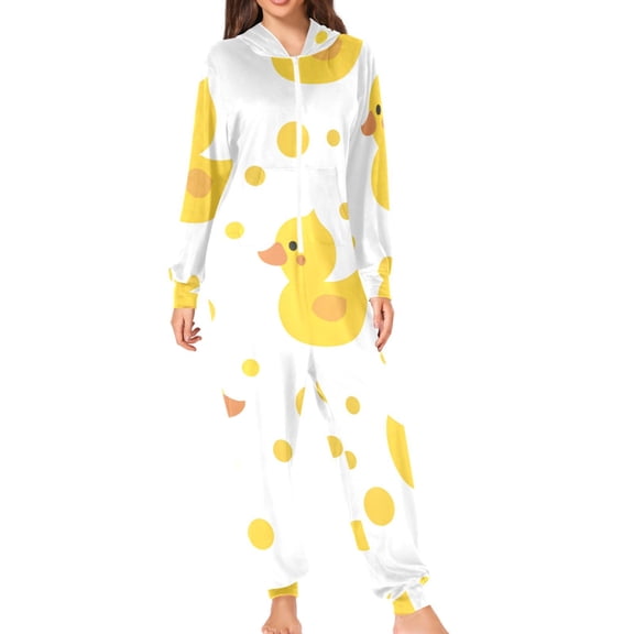 Cute Yellow Ducks Dots Cartoon Adult's Hoodie Onesie Jumpsuit One-Piece Pajamas with Zipper Unisex for Holiday S