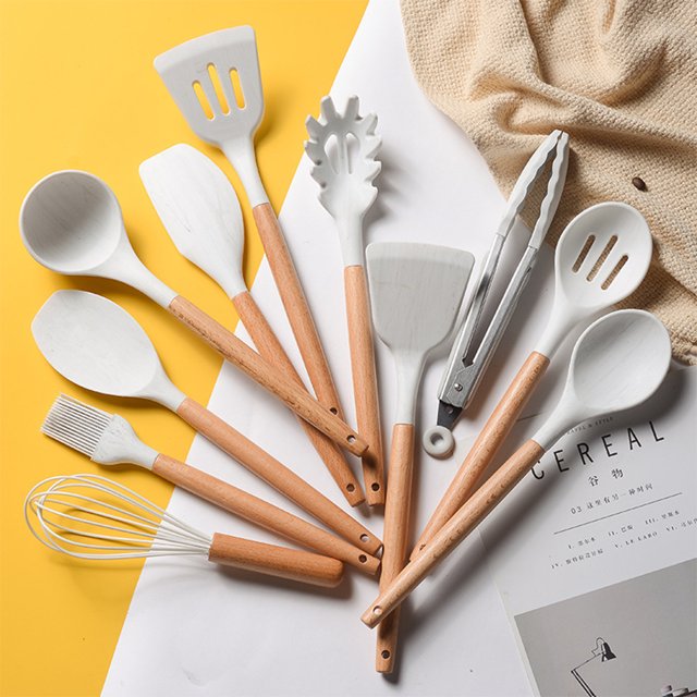 Zootealy Silicone Cooking Utensil Set Non-stick Kitchen Utensils Set 11 PCS Heat Resistant Kitchen Tools with Wooden Handle