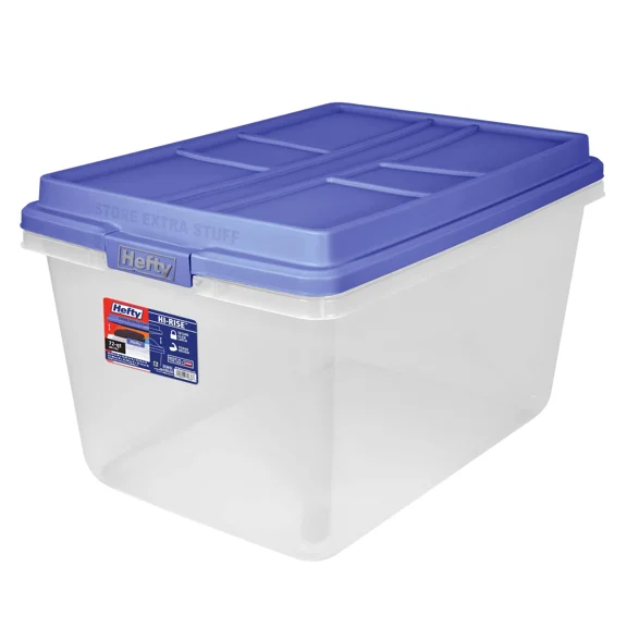 72 Quart Clear Plastic Storage Bin With Blue Hi-Rise Lid, Adult