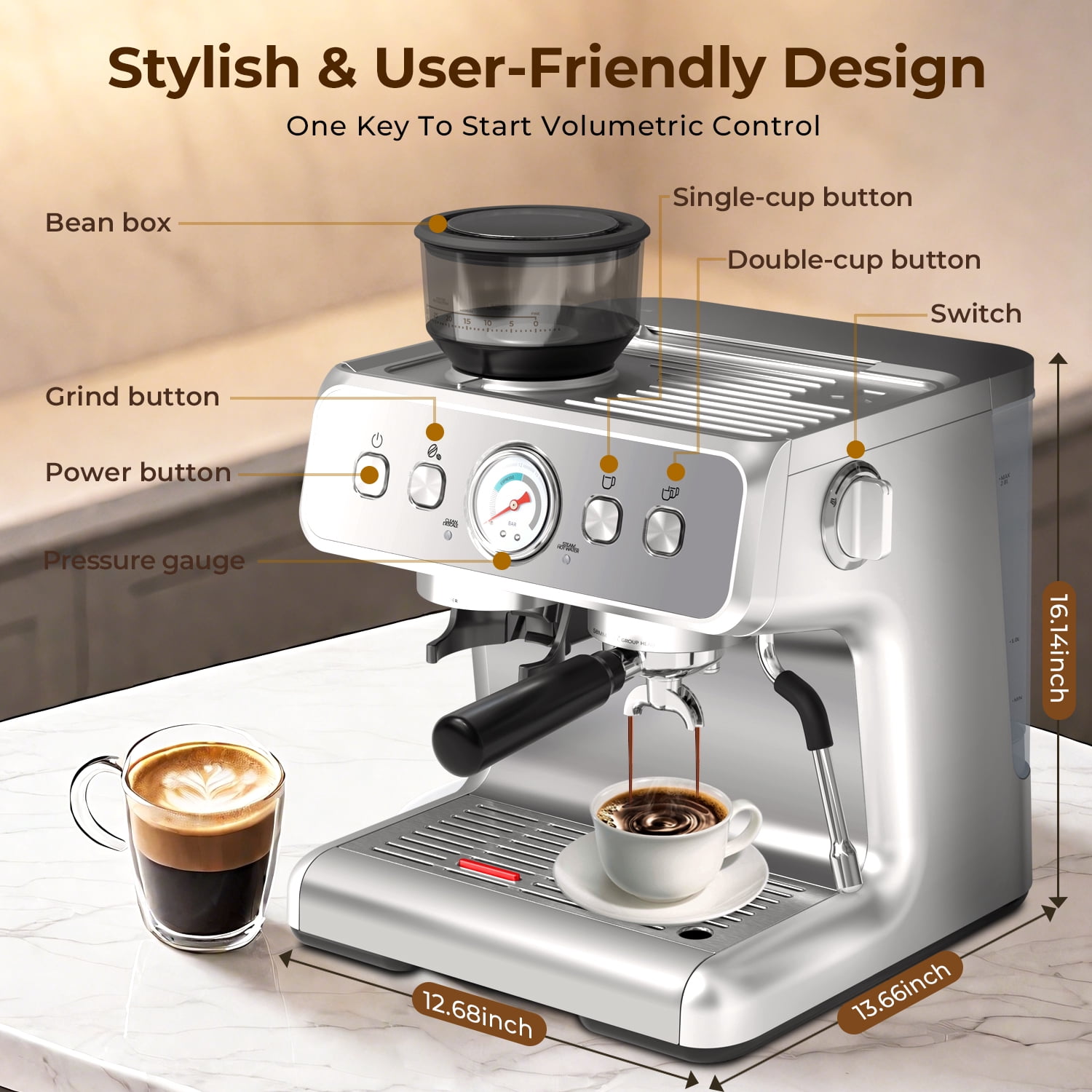 WAA 15 Bar Semi-Automatic Espresso Coffee Machine, 1&2-Cup, Silver