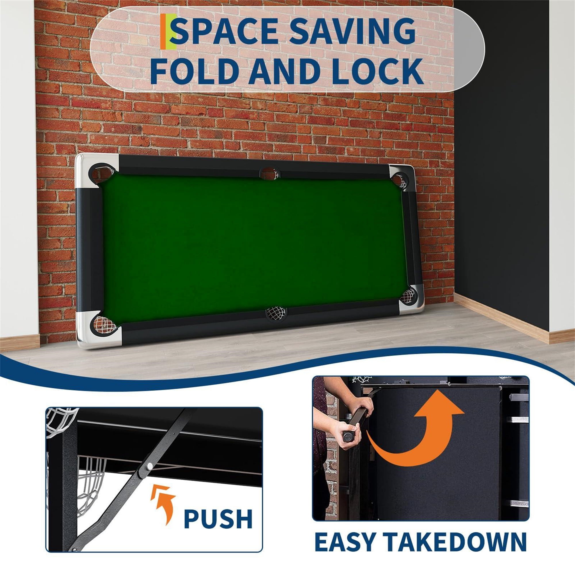 Aukfa 70" Folding Pool Table Portable Billiards Table, No Assembly, Includes Full Set of Balls, 2 Cue Sticks, Chalk and Felt Brush