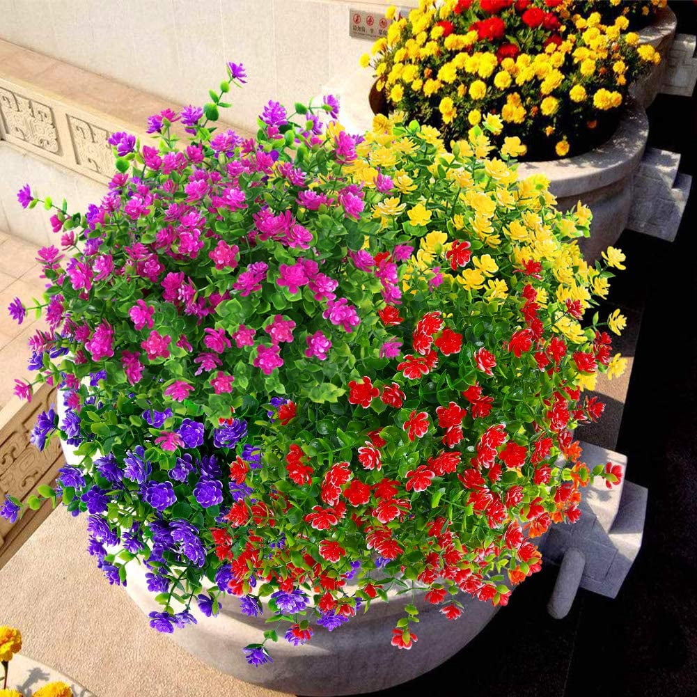 Sinhoon 12 Bundles Outdoor Artificial Flowers UV Resistant Fake Boxwood Plants, Faux Plastic Greenery for Indoor Outside Garden Home Wedding Farmhouse Decor (Red)
