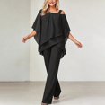 thumbnail image 2 of Morttic Women's Casual Solid Color 2 Piece Set – Batwing Sleeve Double-Layer Hem Top & Wide Leg Pants Office & Vacation Wear Black，XL, 2 of 6