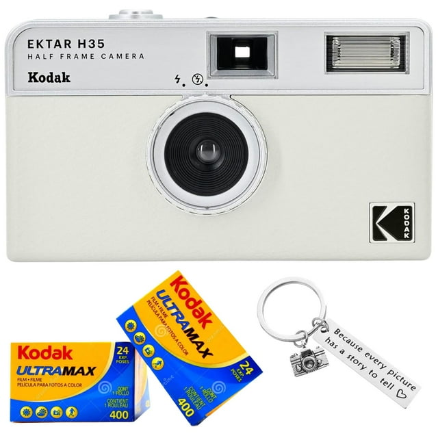 Kodak Ektar H35 Half-Frame Retro Camera Bundled with Kodak Ultramax 400 35mm Film (2 Rolls of 24 Exposures Each) Plus a Bonus Camera-Style Keychain (Off-White)