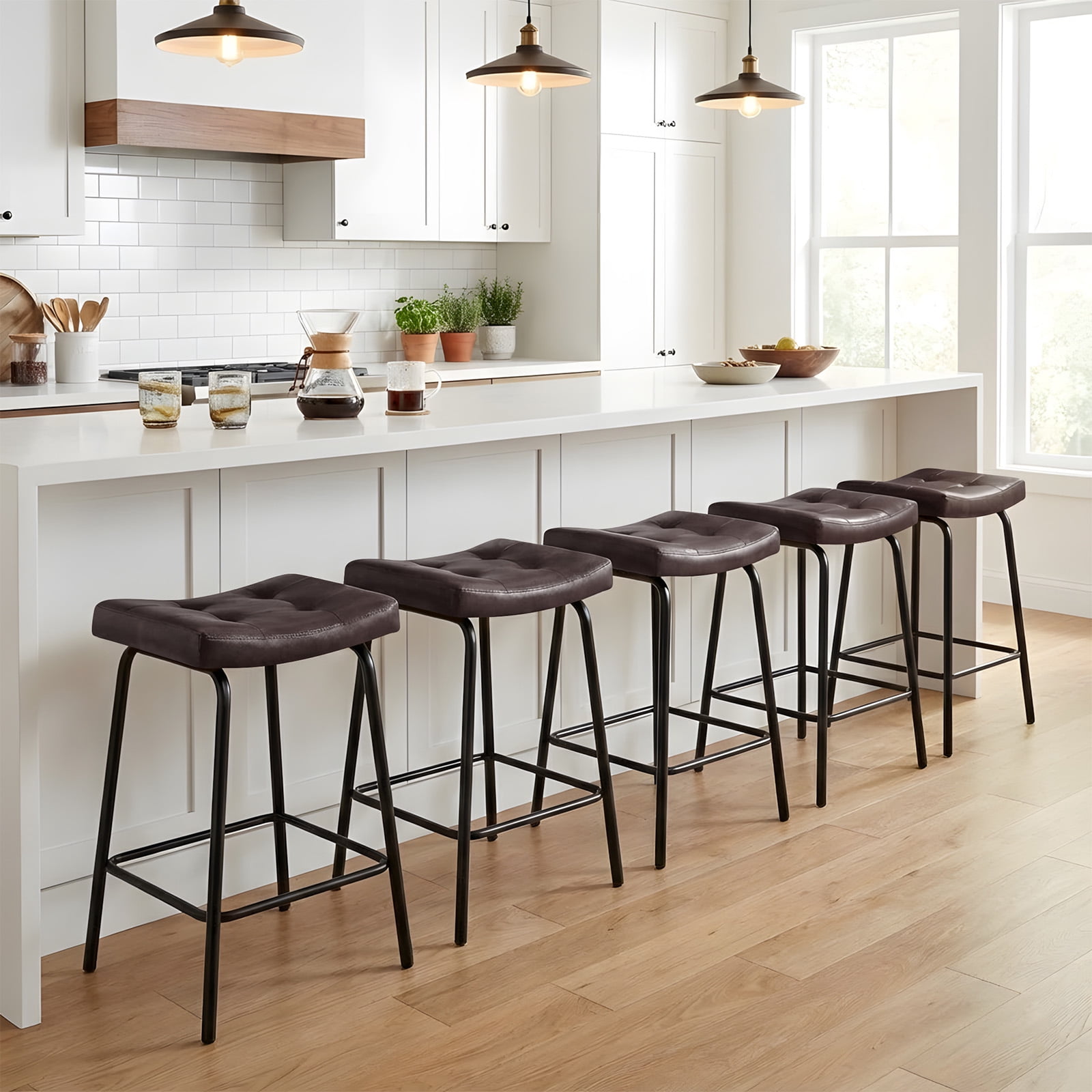 25" Saddle Counter Stools Set of 6, Tufted Faux Leather Counter Height Bar Stools with Metal Legs for Kitchen Island, Black Brown