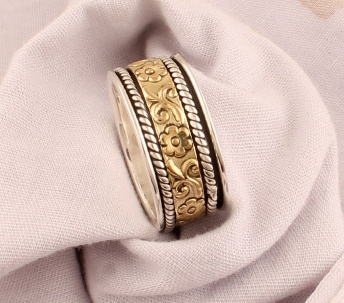 SS DESIGNS Spinner Ring Handmade Silver 925 Sterling Band Flower Band Ring Anxiety Relief Fidget Spinner Stress Relief Jewelry for Men Women