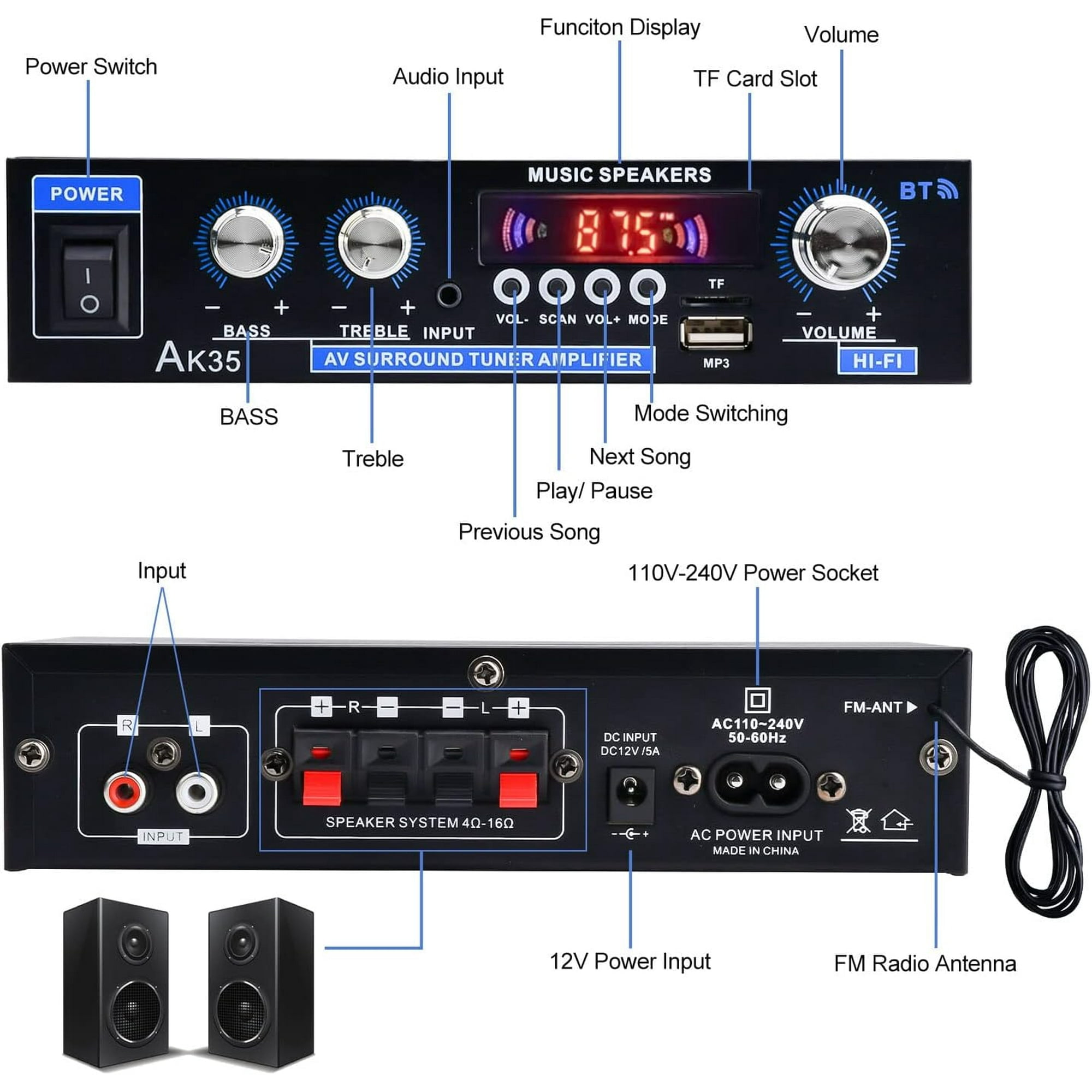 Bluetooth Digital Amplifiers Audio Stereo Receiver,AK35 200W Home 110-240V Bluetooth Bass Audio Power compatible Amplifier, Hifi FM USB Auto Music Subwoofer Speakers Audio Amplifier Receiver