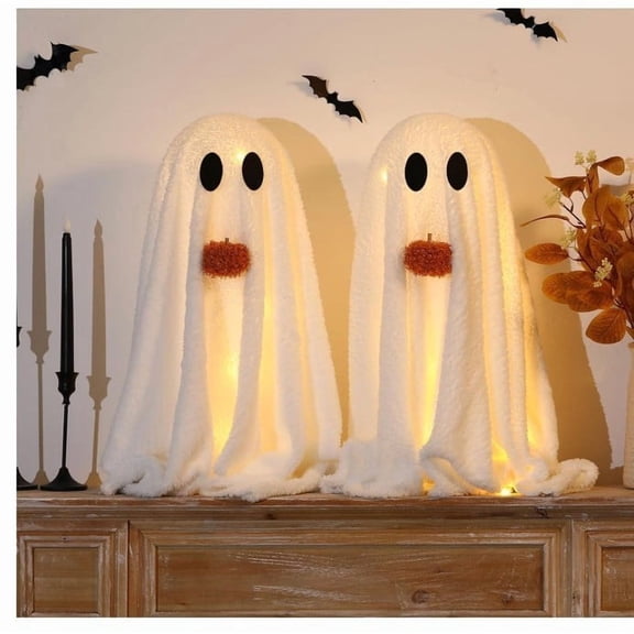 Light Up Plush Ghost with Pumpkin Ornament, Cute White Fabric Ghost Decoration with Warm LED Light, Halloween Luminous Farmhouse Tabletop Decor for Mantel, Shelf and Home Display