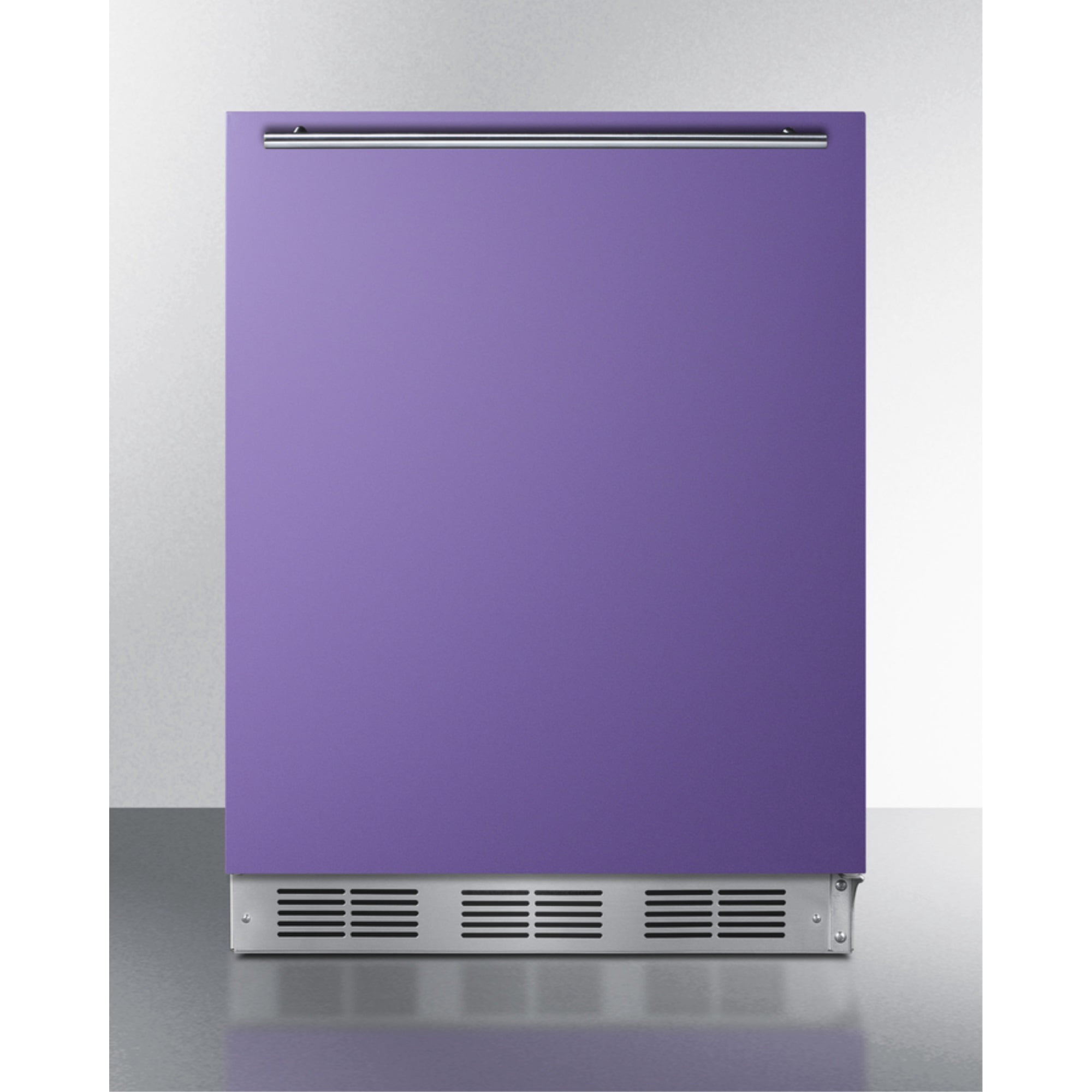 Undercounter 24 Inches all-refrigerator for residential use with lavender purple door, stainless steel handle, and white cabinet