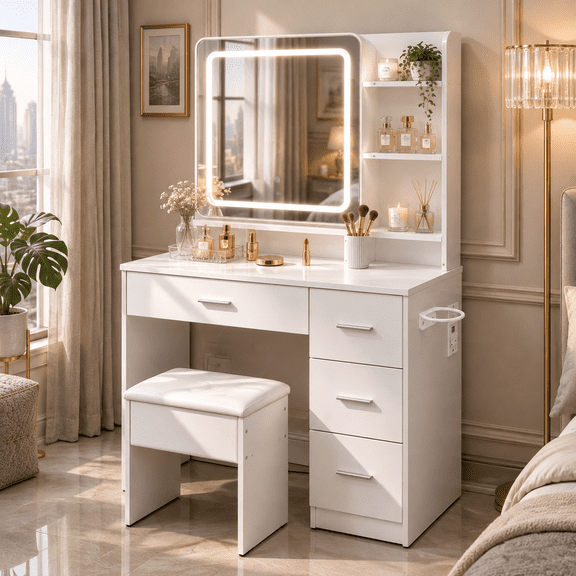 MANGOBUS Dressing Table, White Vanity Set with LED Mirror, Storage Shelves, Drawers and Padded Stool for Bedroom