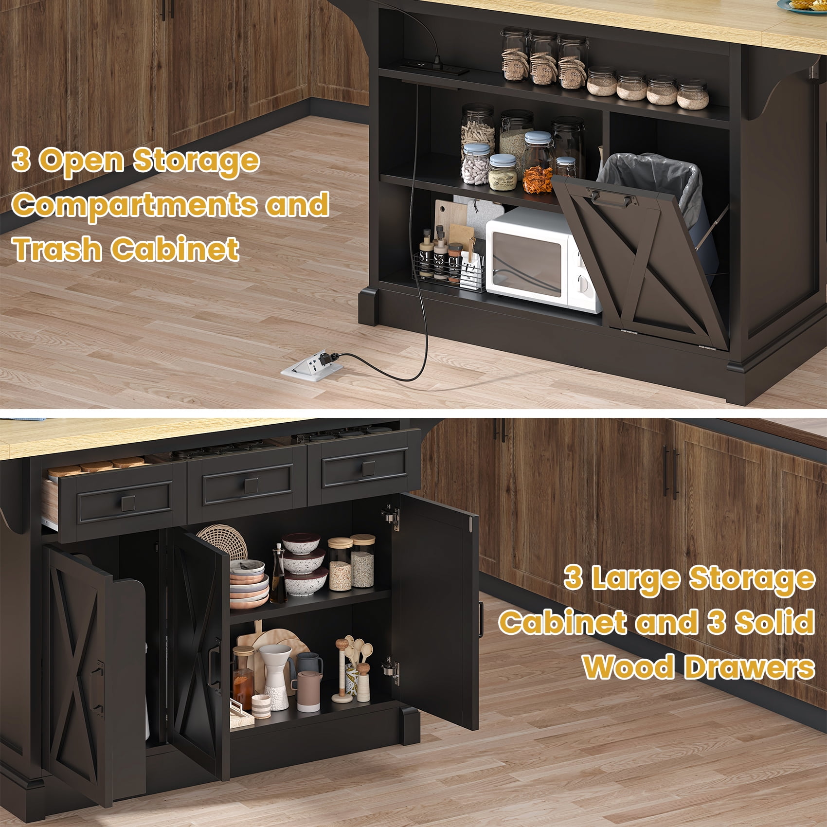 HAUXITIO 71" Kitchen Island with Drop Leaf & Power Outlet, Rolling Cart with 3 Drawers, Trash Cabinet & Storage Racks,Black