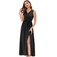 thumbnail image 1 of Vestido largo de fiesta de cóctel sin mangas con escote en V profundo y plisado en la parte delantera para mujer Negro S, 1 of 5