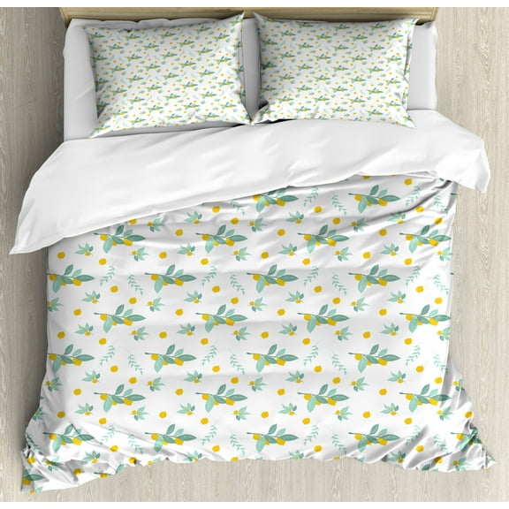 Lemons Duvet Cover Set Queen Size, Citrus Fruits on Branches with Green Leaves Tropical Pattern, Decorative 3 Piece Bedding Set with 2 Pillow Shams, Jade Green Almond Green and Yellow, by Ambesonne