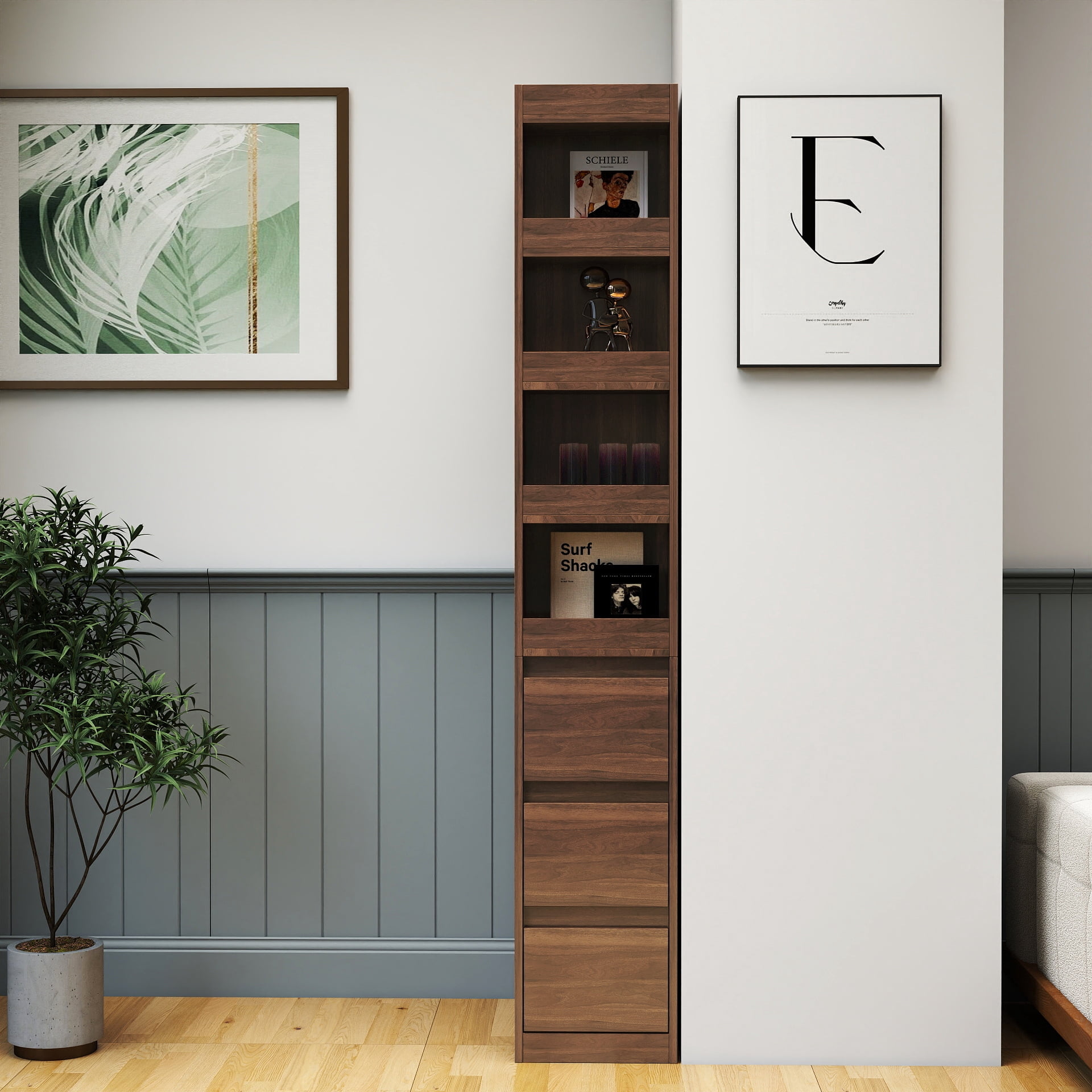 Mintazer 70" Tall Display Storage Cabinet with Drawers, 4 Tier Bookcase with 8 Open Shelf for Living Room Bedroom Kitchen Office, Walnut