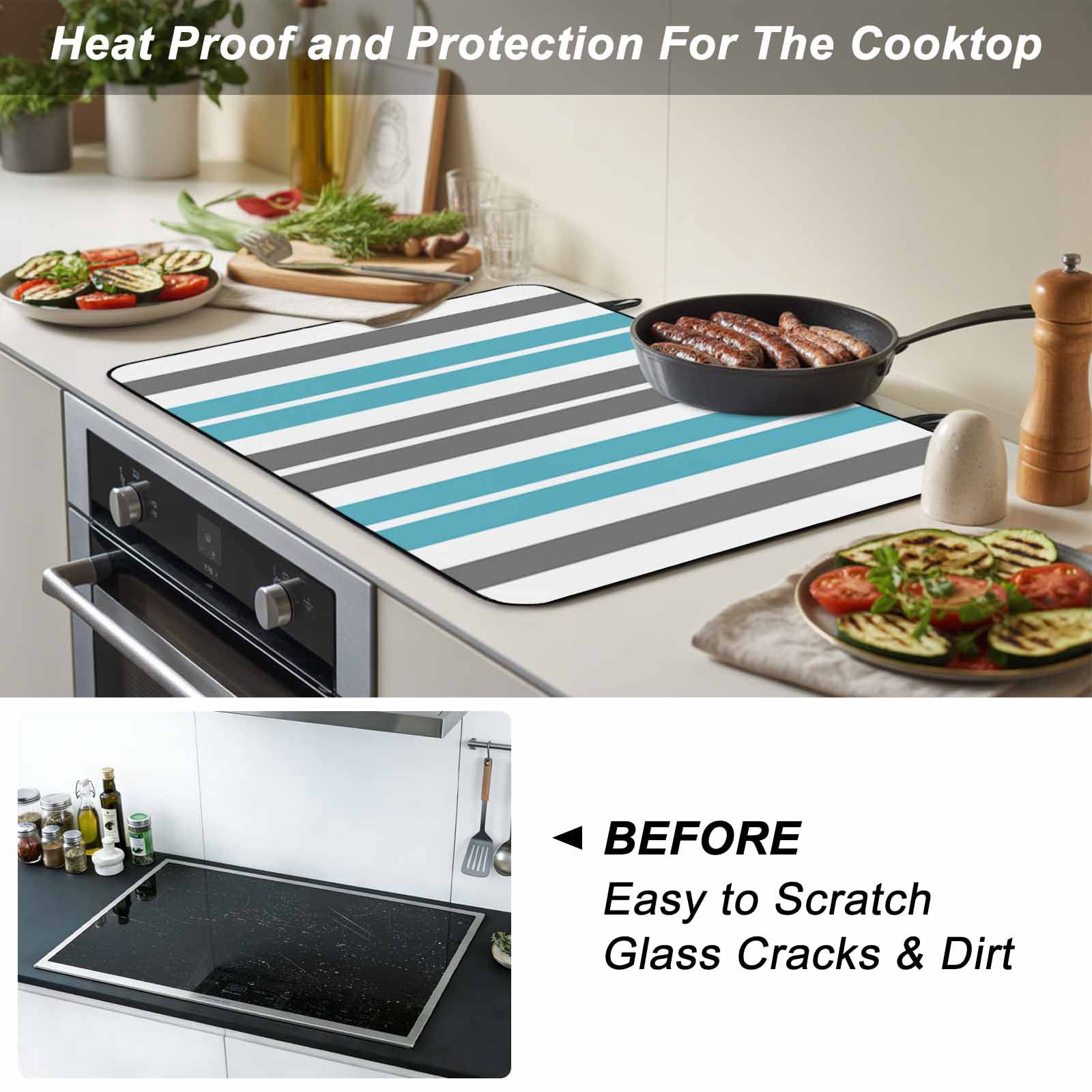 Grey Aqua Stripes, Stove Top Cover for Electric Stove, Heat-proof & Non Slip Glass Top Stove Cover Protector, Abstract Contemporary Minimalist Geometric Kitchen Flat Cooktop Rubber Mat 24x21 Inches