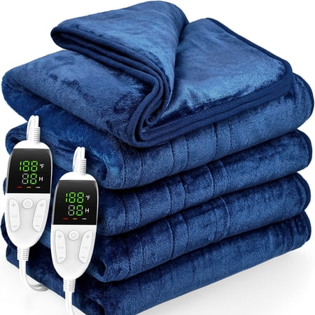 keenstone double-sided flannel electric heated blanket queen size dual control, 84"x90" machine washable fast heating blanket with 6 heating levels &10 hours auto off,blue