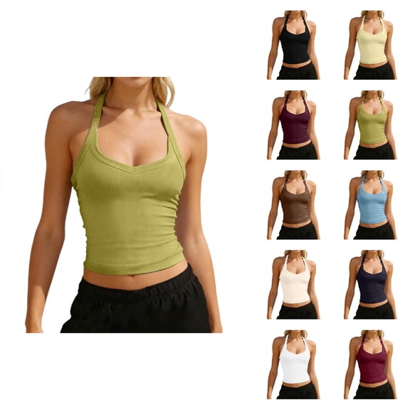 Crop Halter Tank Tops for Women Casual V Neck Knit Slimming Camisole Top Y2k Going out Tops Summer Outfits