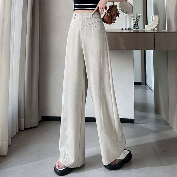 TrendOFT Womens Wide Leg Dress Pants High Waist Straight Work Pants Office Business Casual Palazzo Trousers with Pockets Beige L