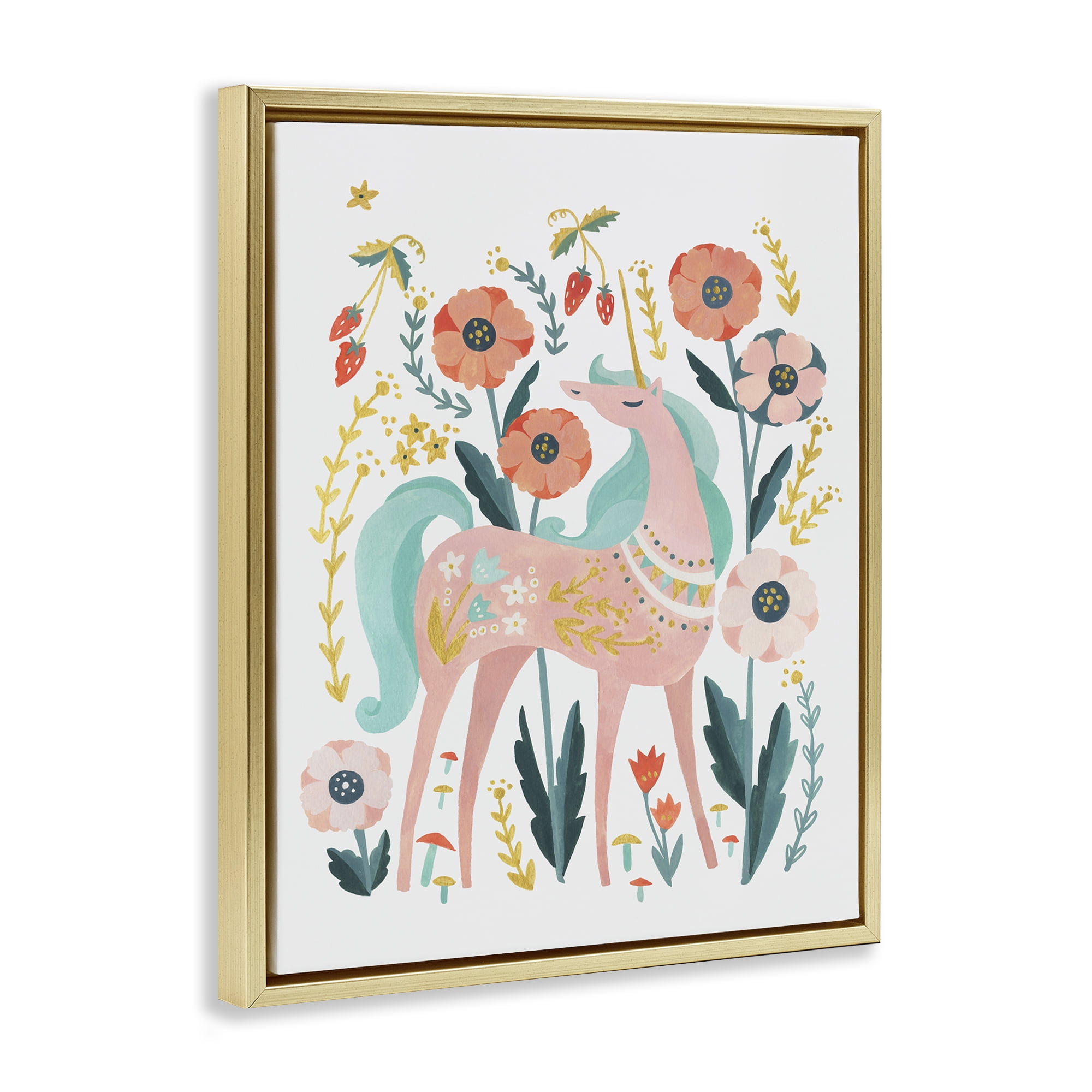 Stupell Industries Pink Unicorn with Florals Fantasy & Sci-Fi Painting Gold Floater Framed Canvas Art Print Wall Art, 25 x 31