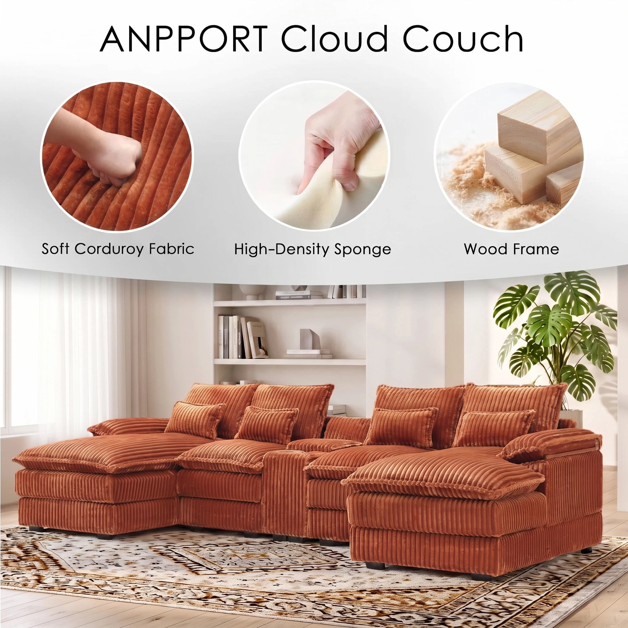 ANPPORT Luxury 124" U Shaped Cloud Modular Sectional Sofa, Corduroy Deep Seat Couch with Storage Console, USB Ports & Cup Holders for Living Room, Orange