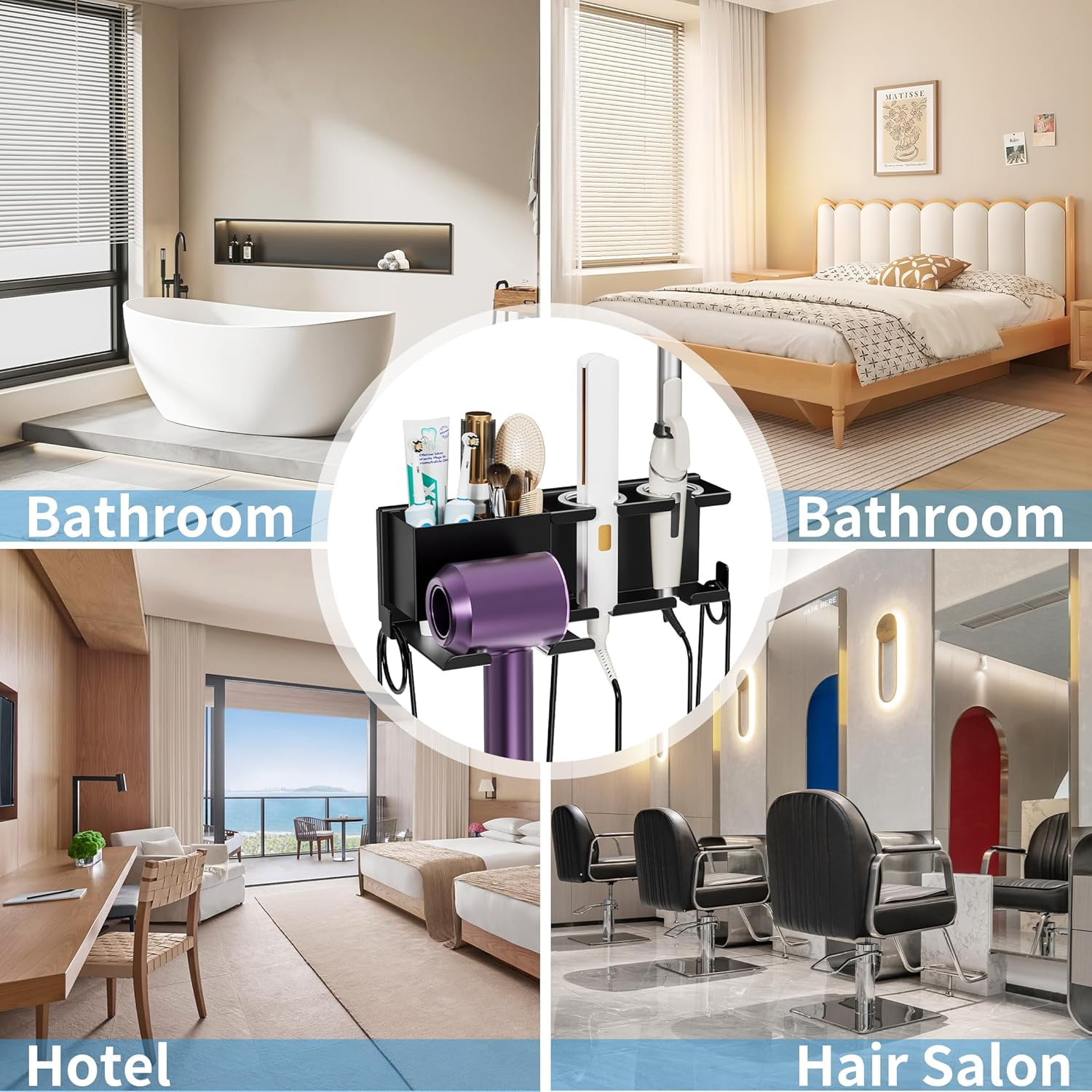 Hair Dryer Holder Wall Mounted, BOIVSHI Blow Dryer Holder for Bathroom, Metal Hair Dryer Rack, Muti-Function Hair Tool Organizer(Black)