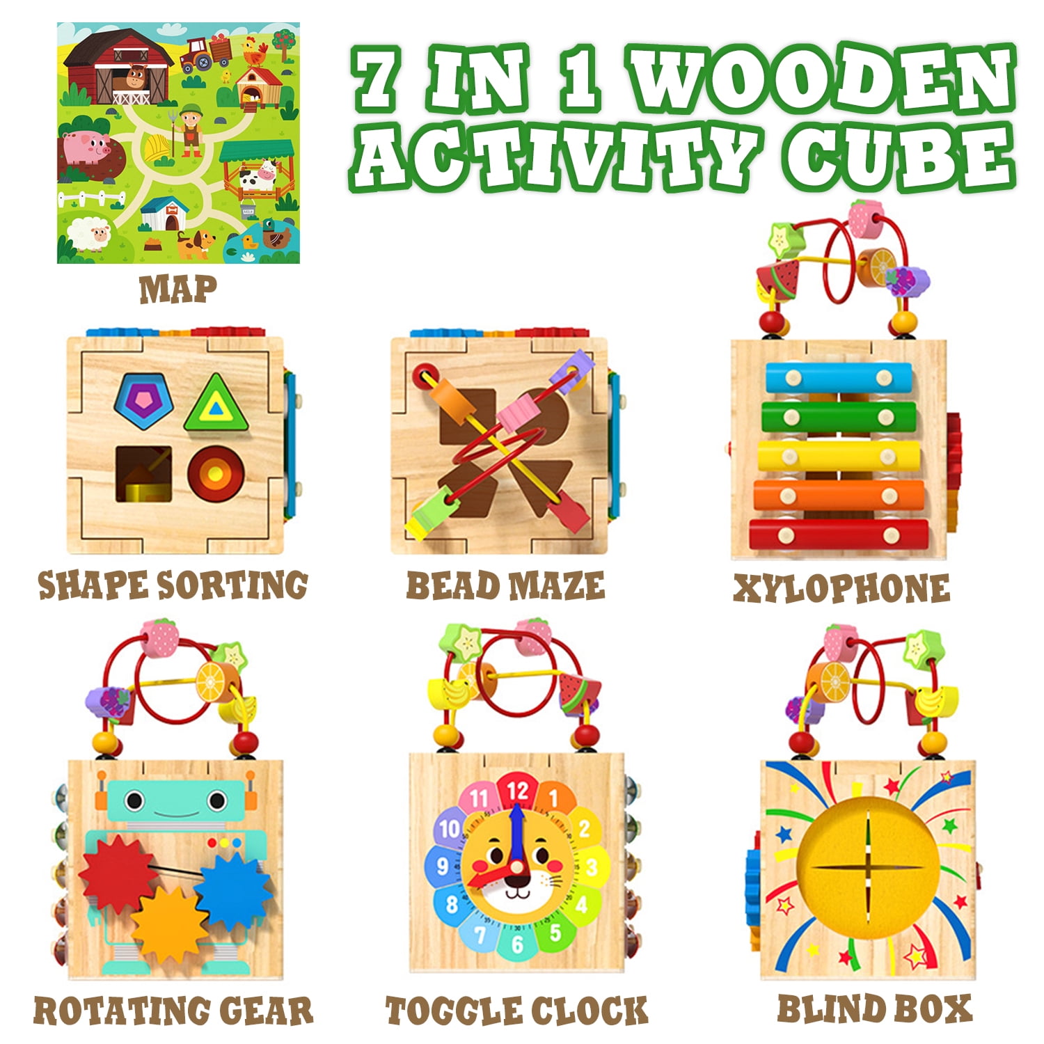 Baby Toys for 12-24 Months, Wooden Activity Cube, 7-in-1 Montessori Toys for 1+ Year Old, Educational Learning Toys for Toddlers Age 1-2 Birthday Gifts