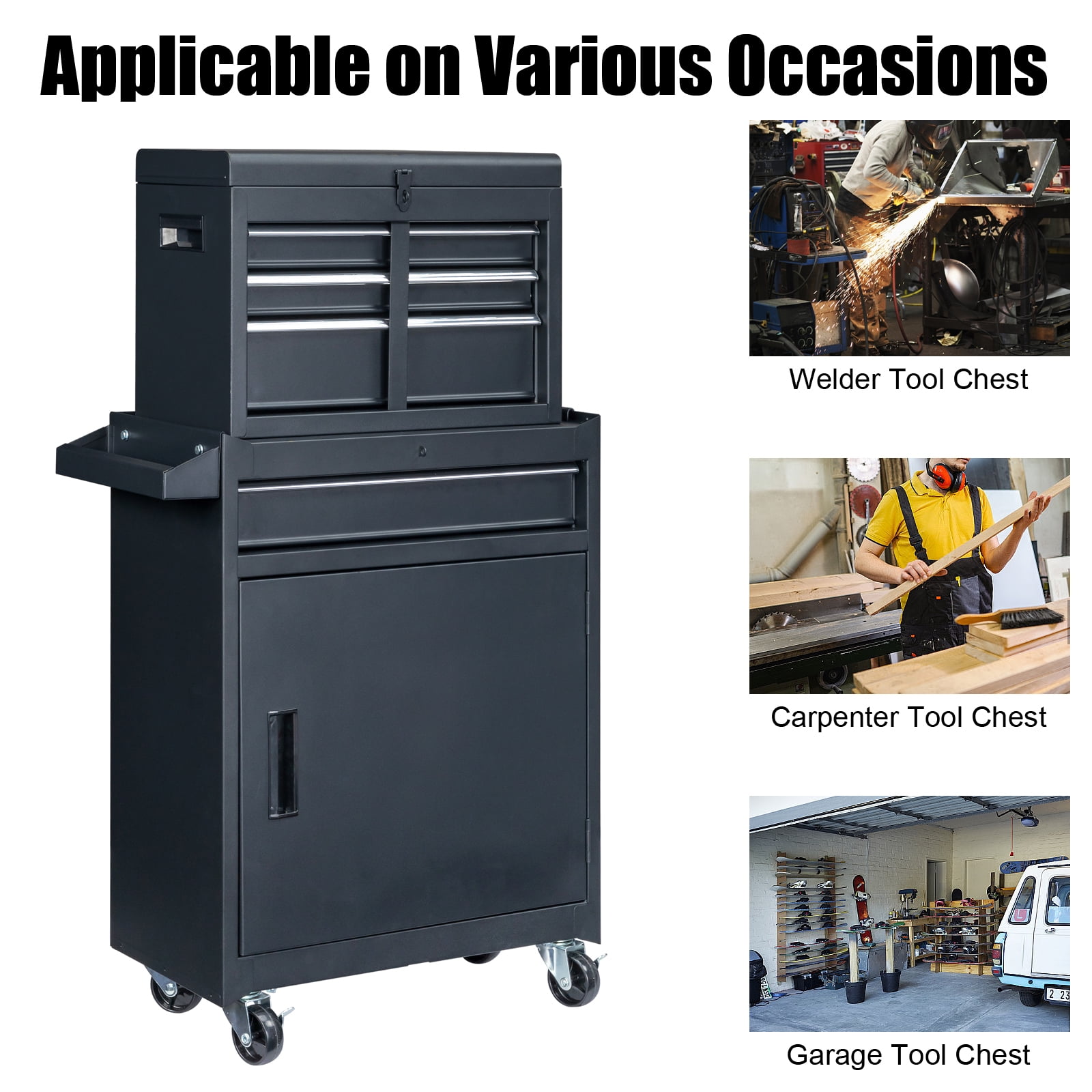 Tcbosik Tool Chest, 4-Drawer Rolling Tool Storage Cabinet with Door, Metal Tool Cart with Shelf, Tool Box Organizer for Garage Workshop, Black