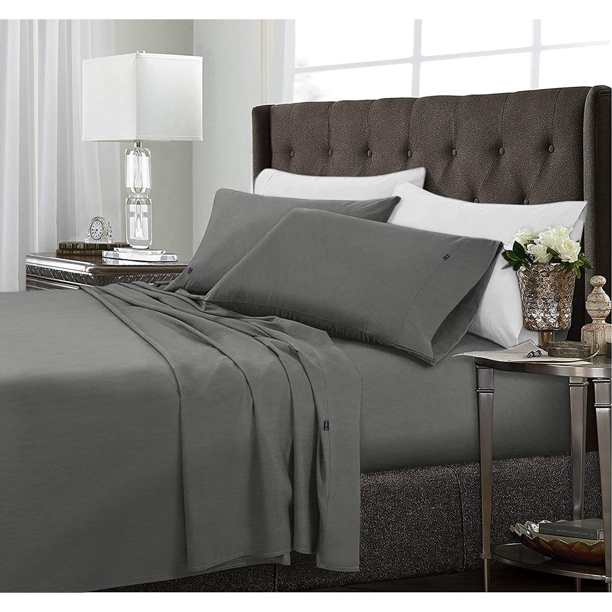Marquess 4 Piece Bamboo Microfiber Dark Grey Queen Sheet Set Deep Pocket Bed Sheets