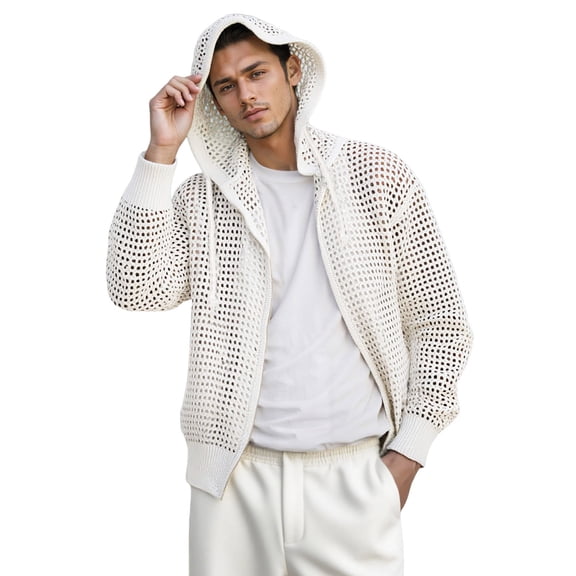 FYDUU Men's Cardigan Sweater Coat Mesh Casual Knit Hooded Cardigan Sweater Openwork Knitwear Long Sleeve Comfortable Lightweight Jacket Slim Fit Sweaters