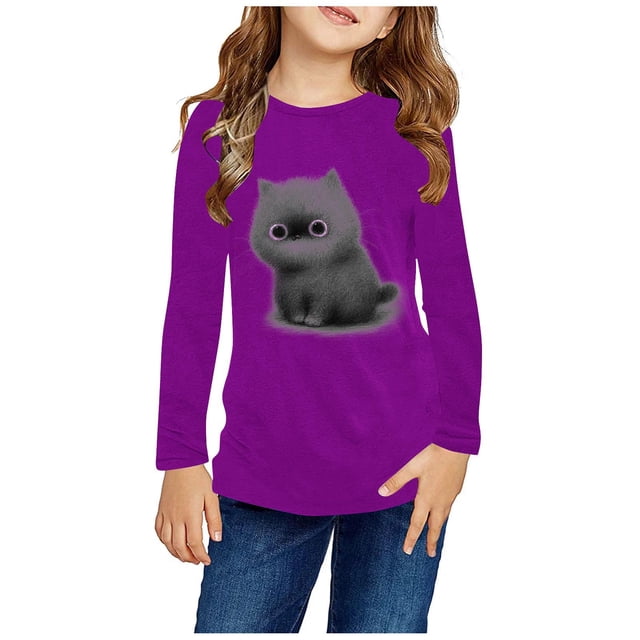 RXIRUCGD Chemises à Manches Longues pour Filles, Col Rond Mignon, Blouses Décontractées Élégantes (Violet, Taille : 11 Ans)