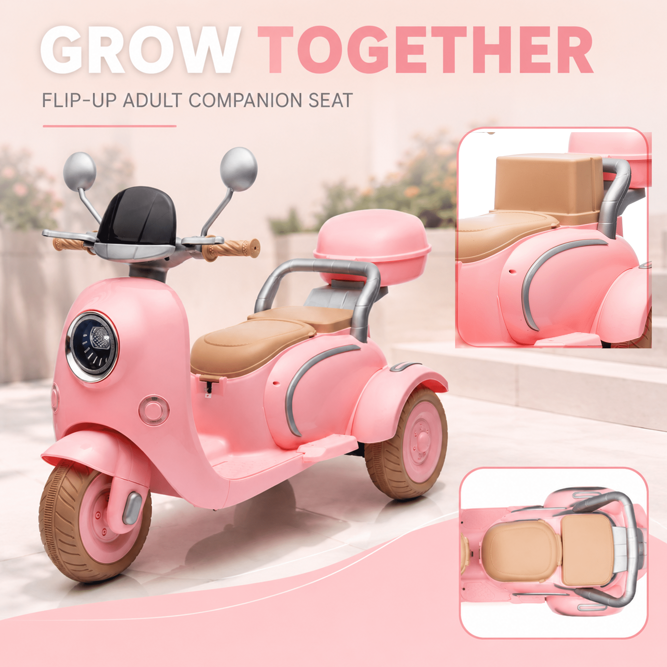 12V Electric Motorcycle for Kids, 2 Seater Battery Power Ride on Motorcycle Toys with Slow Start, LED, Music, USB, 3 Wheel Electric Motorcycle for Boy Girl Birthday Gift, Pink