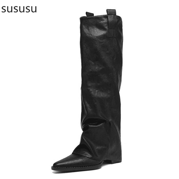 Stylish Leather Pointed Toe Heel Knee High Boots For Women Elegant Mid-Calf Riding Boots With Comfortable Block Heel Design For A Versatile And Wardrobe