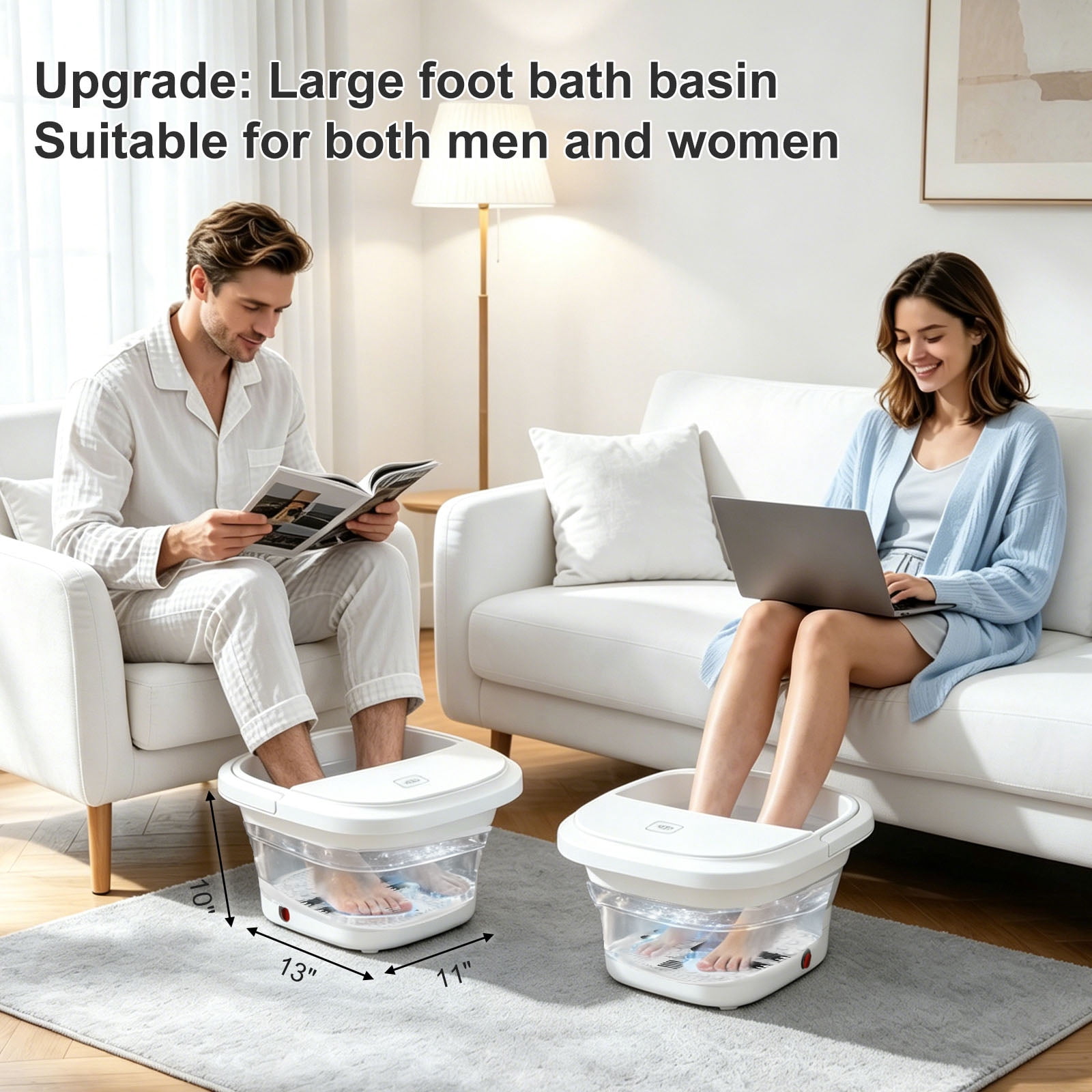 UNIFULL Foot Spa Bath with Heat and Temperature Control, Massager Roller, Bubble, Remote Control, Pedicure Kit, Red Light, Large Heating Foot Bath-White