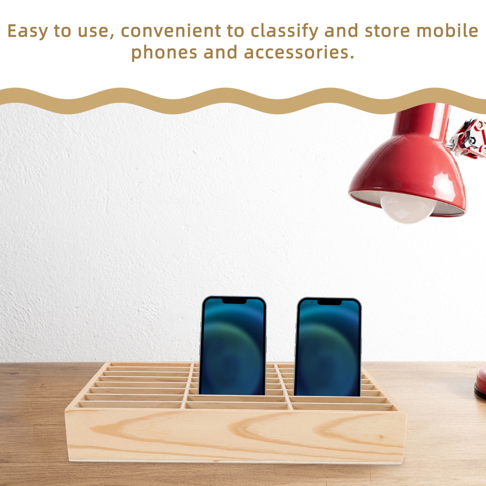 NIAIZEK Beige Multi-Grid Wooden Phone Display Box Organizer for Office and Home Desk Storage