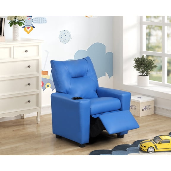 Baby Furniture, Evelyne 23"W Blue PU Leather Kids Recliner Chair with Cupholder, Blue Kids Furniture,Pu Leather Kids Furniture, Furniture Youth, Kids & Baby Furniture
