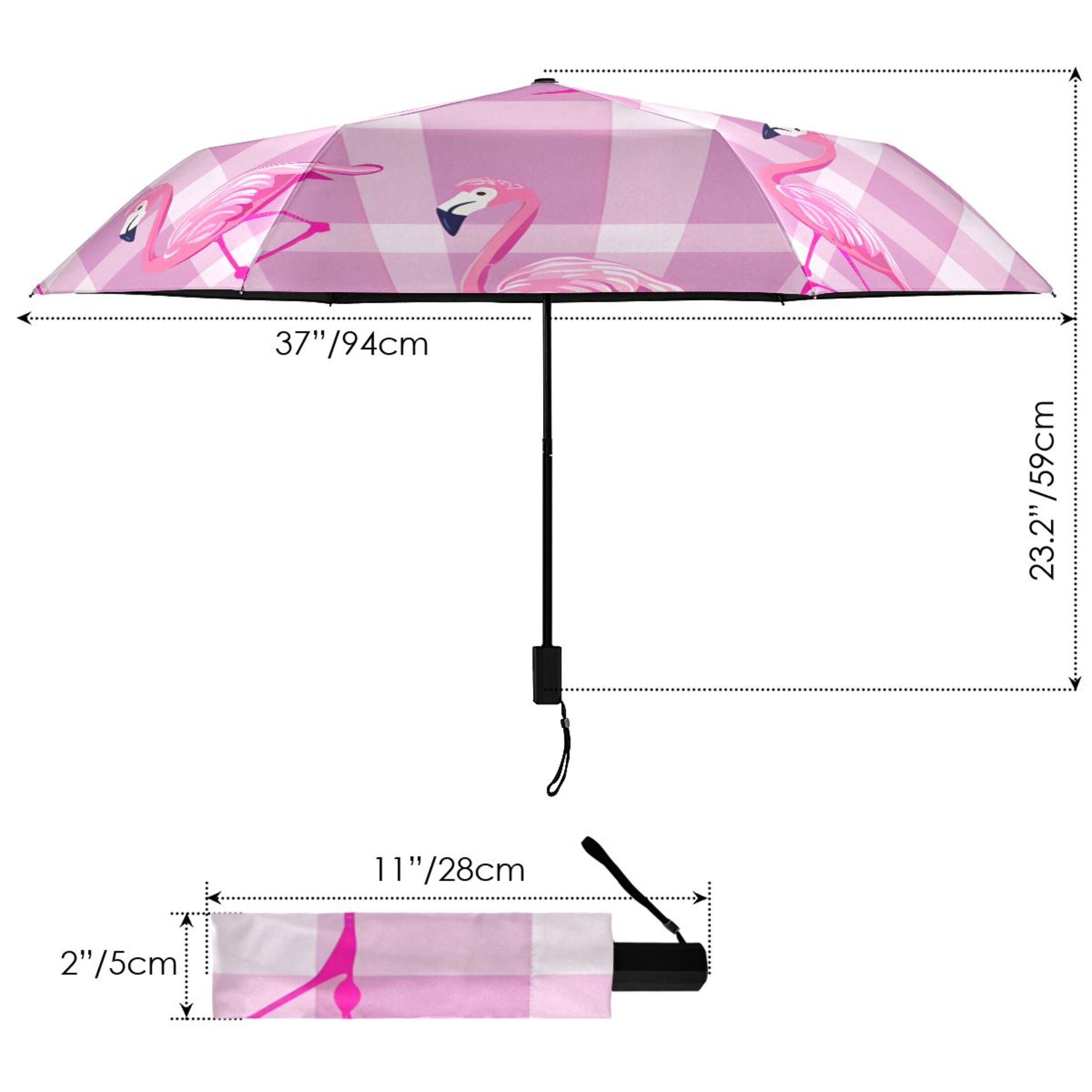 Standing Flamingos All Weather Umbrella Triple Folding Parasol 6 Ribs UV Protection Portable