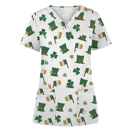 

Women Scrub_Top Working Uniform Blouse Short Sleeve V-Neck Workwear T-Shirt with Pocket Comfy Tops M
